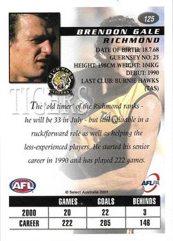 2001 Select AFL Authentic #125 Brendon Gale Back